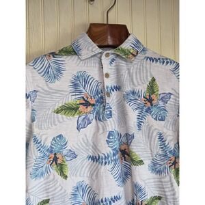 Izod Saltwater Polo Shirt Mens Small White Blue Tropical Floral Hawaiian Relaxed